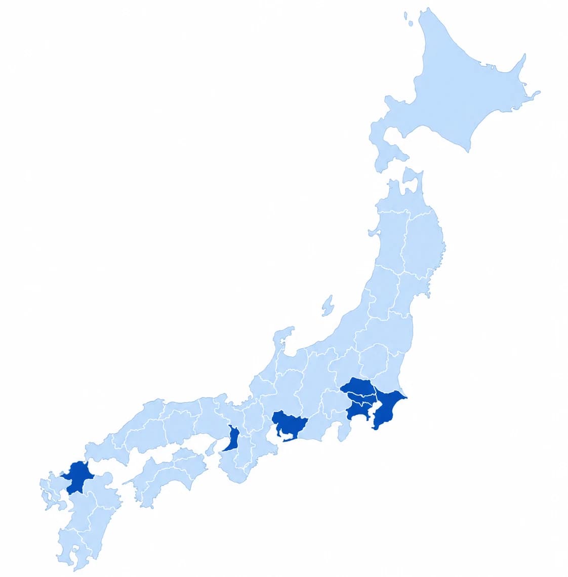 一都三県・愛知・大阪・福岡を濃い青で示した日本地図